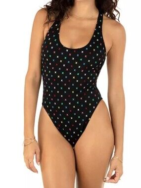 NWT Hurley Icon Cheeky Racerback One Piece Swimsuit Black Multicolor Logo XS